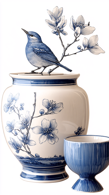 Blue Bird On Blue Floral Vase