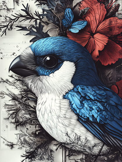 Blue Bird with Red Flowers