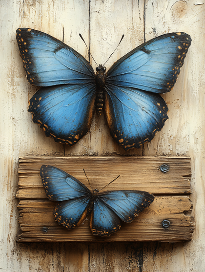 Blue Butterflies On Wooden Panel