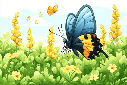 Blue Butterfly and Yellow Flowers
