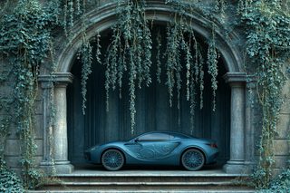 Blue Car Against an Ivy-Covered Archway