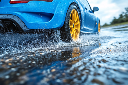 Blue Car Driving Through Water