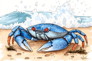 Blue Crab on Beach with Waves