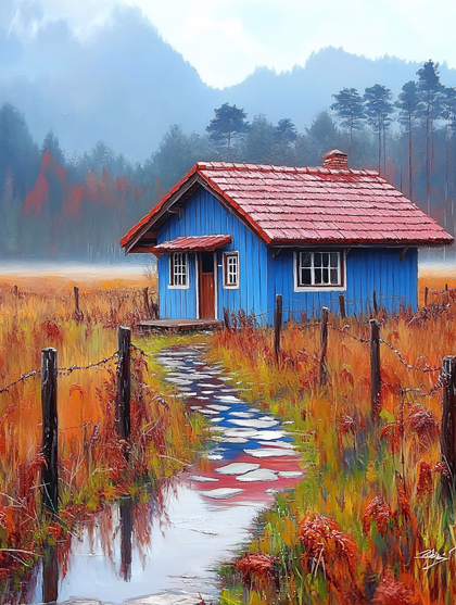 Blue House in Autumn Field