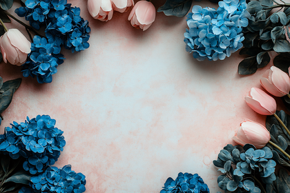 Blue Hydrangeas and Pink Tulips Floral Arrangement