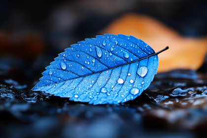 Blue Leaf with Water Droplets