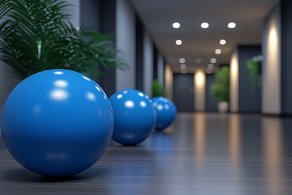Blue Spheres in Hallway