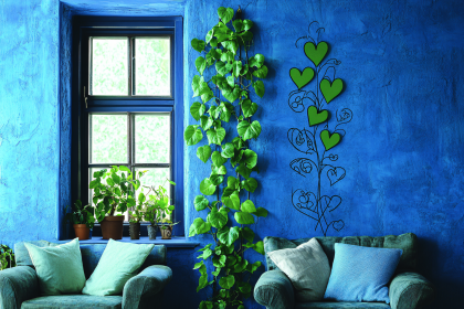 Blue Textured Wall with Window and Green Plants