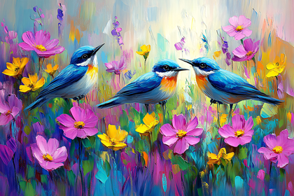 Bluebirds Among Flowers
