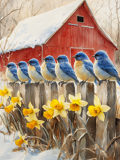 Bluebirds And Barn In Snow