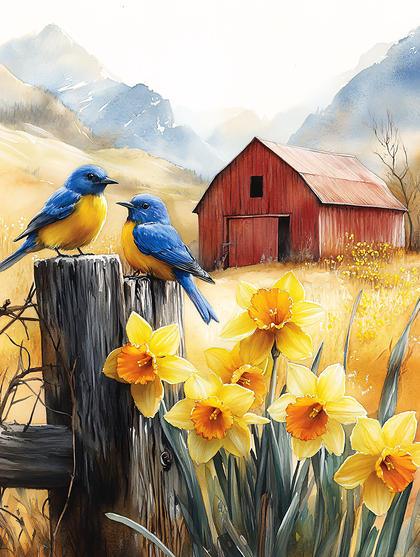 Bluebirds And Barn In Spring