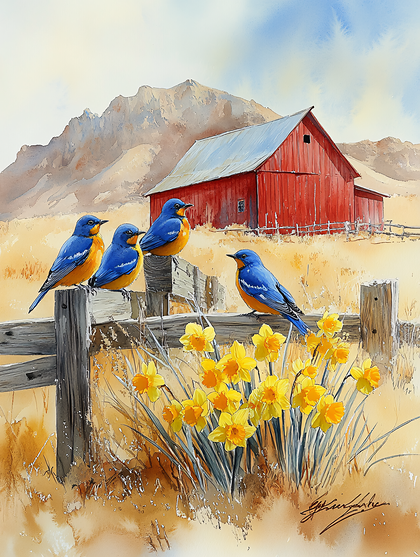Bluebirds And Barn With Daffodils