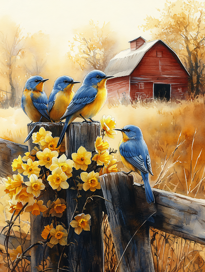 Bluebirds And Barn With Daffodils