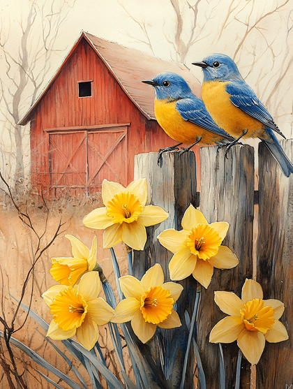 Bluebirds And Daffodils At The Barn