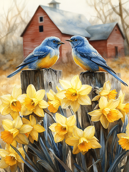Bluebirds And Daffodils