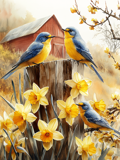 Bluebirds And Daffodils
