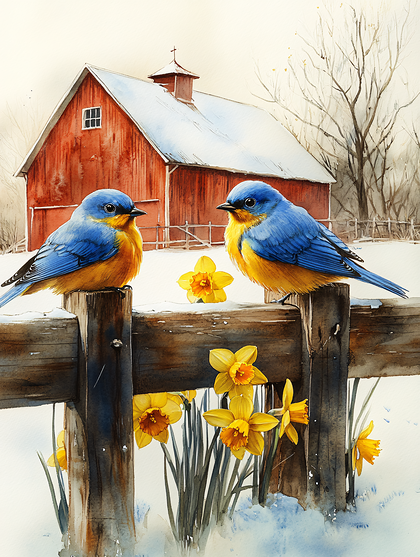 Bluebirds And Daffodils In Snow