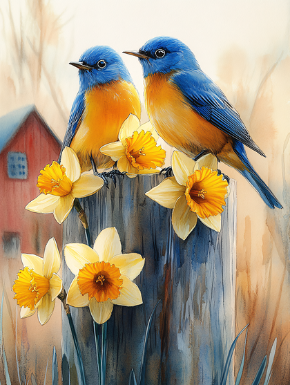 Bluebirds And Daffodils On A Fence Post