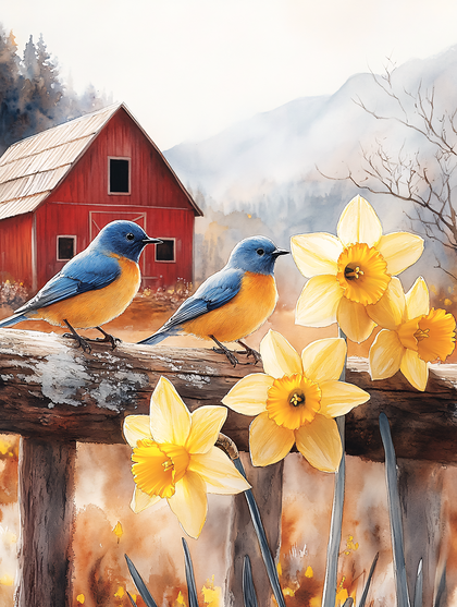 Bluebirds And Daffodils On A Fence