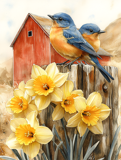 Bluebirds And Daffodils On A Post