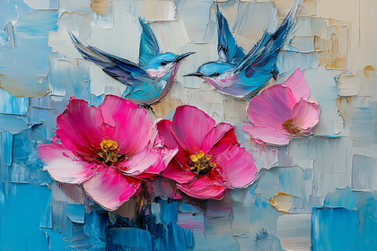 Bluebirds and Pink Flowers