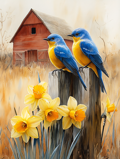 Bluebirds On A Fence Post With Barn And Daffodils