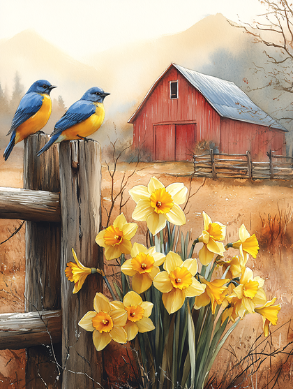 Bluebirds On A Fence Post With Daffodils And Barn