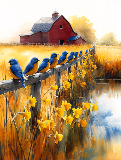 Bluebirds On A Fence With Daffodils