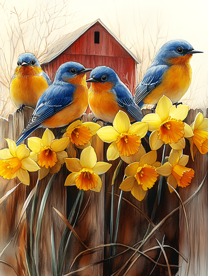 Bluebirds On A Fence With Daffodils