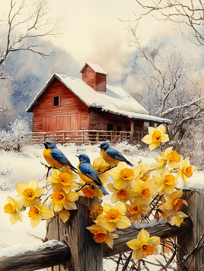 Bluebirds On Daffodils In Winter