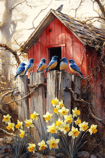Bluebirds On Fence With Daffodils