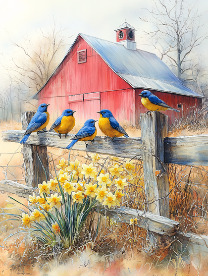 Bluebirds On Fence With Red Barn