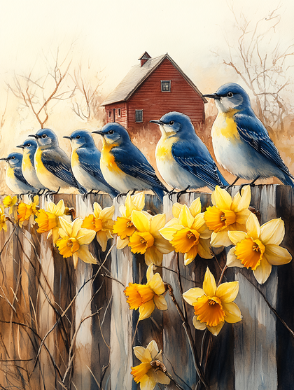 Bluebirds Perched On A Fence With Daffodils