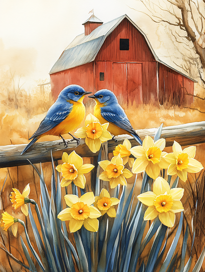Bluebirds With Daffodils And Barn