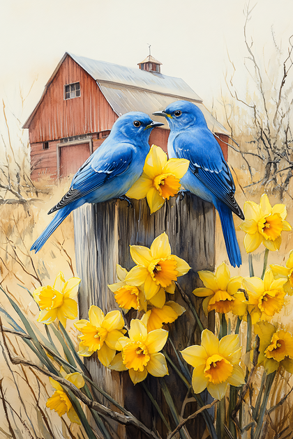 Bluebirds With Daffodils By Barn