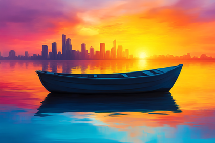 Boat on Tranquil Water at Sunset