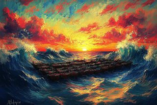 Boats Adorned with Flowers Amidst Crashing Waves at Sunset