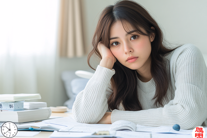 Bored Asian Woman Resting Chin on Hand While Studying