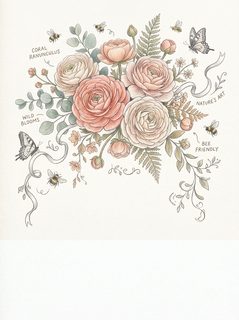 Botanical Floral Arrangement with Bees and Butterflies