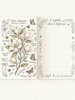 Botanical Magnolia Journal Spread with Butterflies and Bees