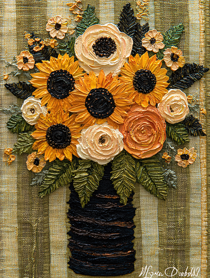 Bouquet of Sunflowers and White Roses Impasto Painting