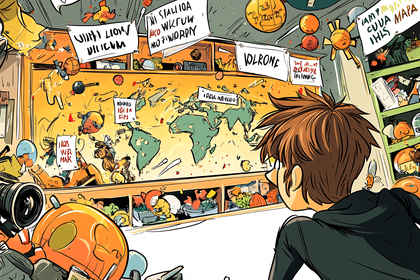 Boy Exploring a Chaotic World Map