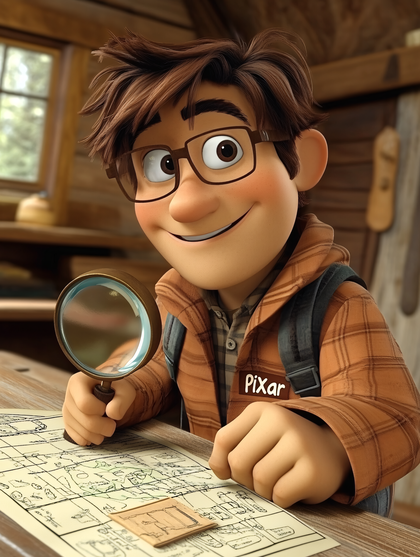 Cartoon Boy Examining Map with Magnifying Glass in Cabin, Pixar Style