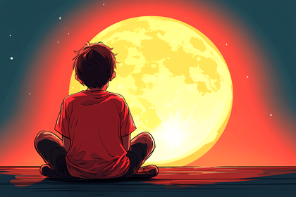 Boy Gazing At Giant Moon