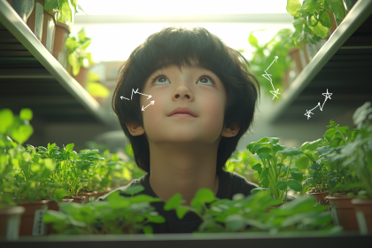Boy Gazing Upwards Amongst Seedlings