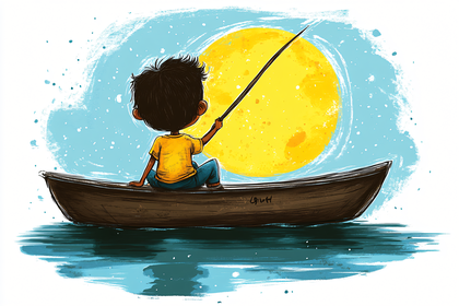Boy in Boat Under Moonlight