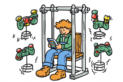 Boy Playing on a Tablet surrounded by Game Controllers