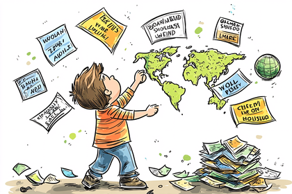 Boy Reaching for World Map with Floating Notes