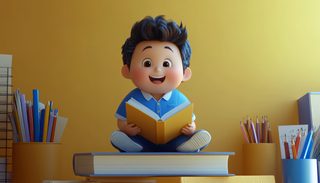 Boy Reading Book on Stack of Books