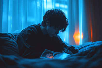 Boy Reading Photo on Bed